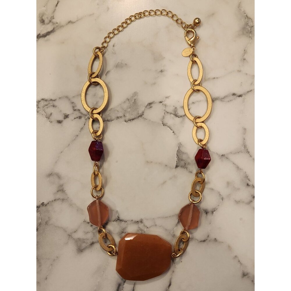 Chico's Gold Tone Chain Necklace With Large Orange & Red Gemstone Beads